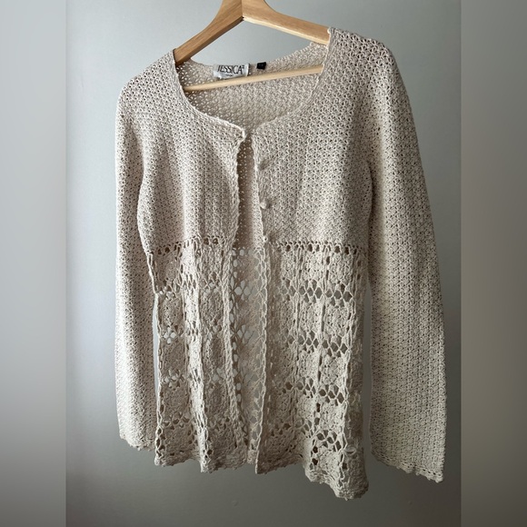 Jessica Sweaters - 1990s Beige Crochet Cardigan with 3 Buttons